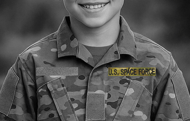 Child wearing a military uniform with Space Force Multicam Name Tape, showcasing personalization with the focus keyword Tape.