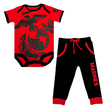 Load image into Gallery viewer, Marine EGA Baby Jogger Set featuring a red onesie with logo and matching black pants with 'MARINES' print.