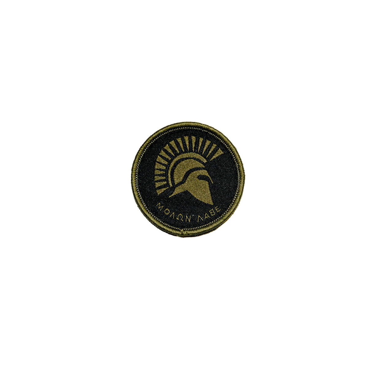 Circular embroidered patch featuring a Spartan helmet and the words Molon Labe.