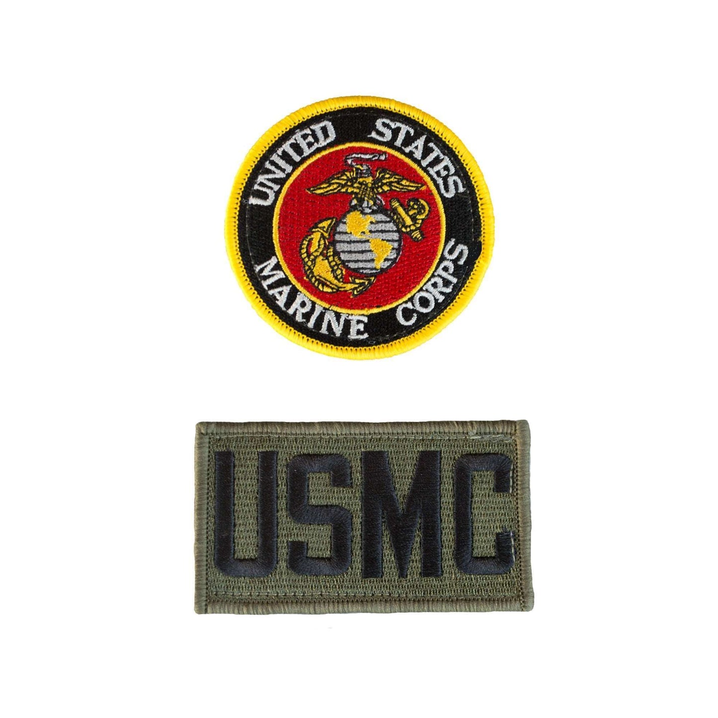 United States Marine Corps embroidered patch and USMC name tape for military uniforms.