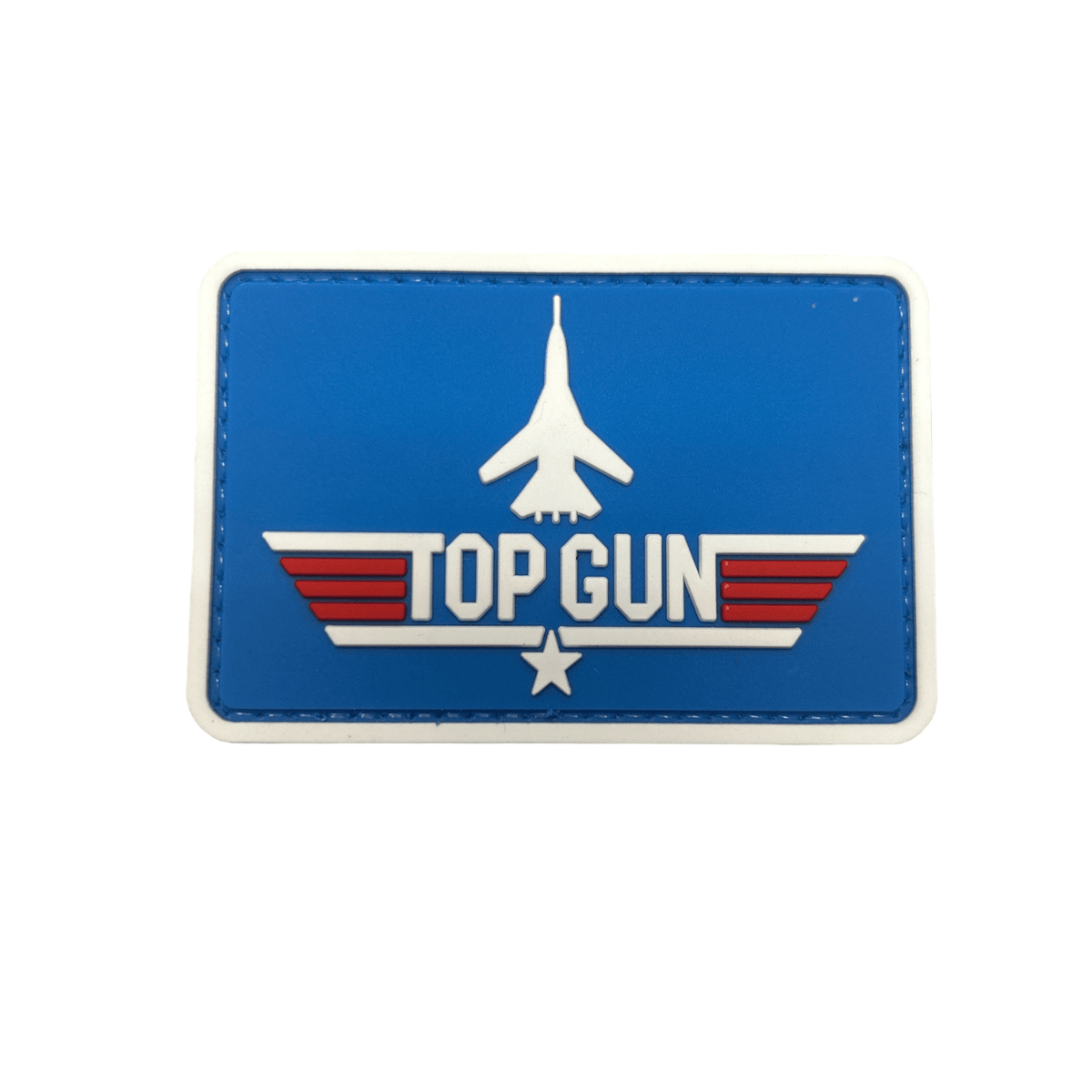 Top Gun Blue Nameplate PVC Patch featuring a jet design, perfect for kids' uniforms and packs. Ideal addition to flight suits.
