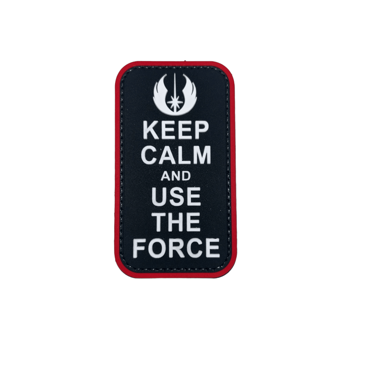 Patch featuring 'Keep Calm and Use The Force' with Jedi symbol, black with white text and red trim, dimensions 3.5" x 2".