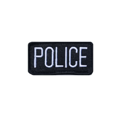 Black Police patch with white embroidered text for tactical uniforms or costumes.