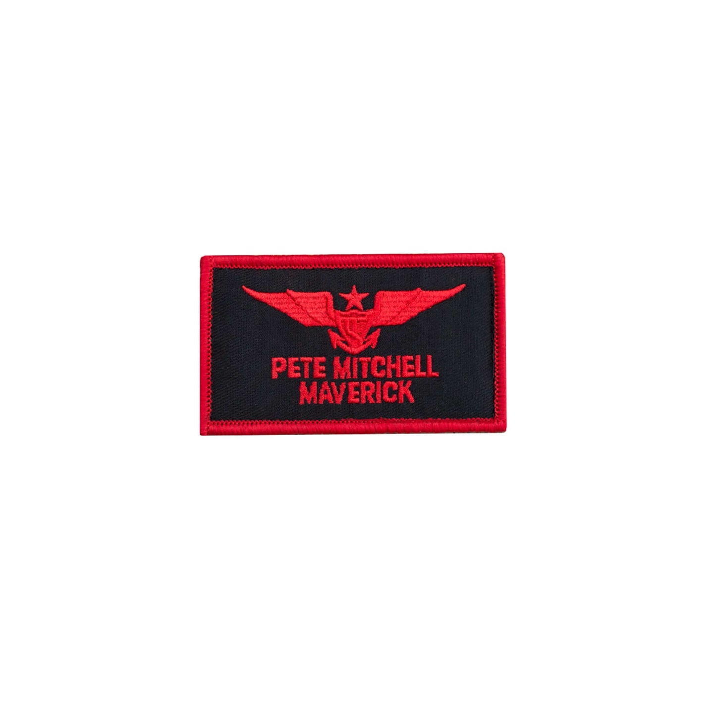 Red and black embroidered patch featuring Pete Mitchell's name and a winged emblem.