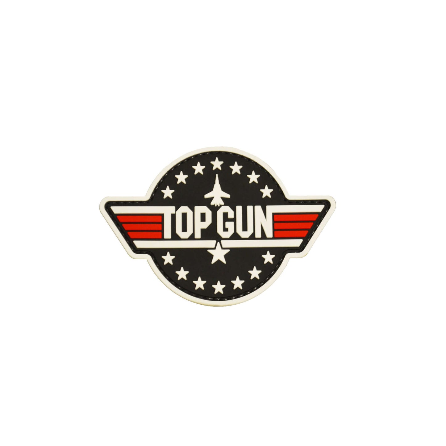 Patch Top Gun round black patch with stars for flight suits, measures 3.5" W x 2.5" H, features Velcro backing.