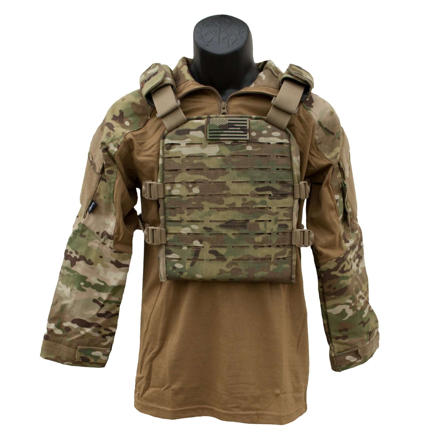 Youth Tactical Plate Carrier Vest displayed on a mannequin, featuring camouflage design and adjustable straps.