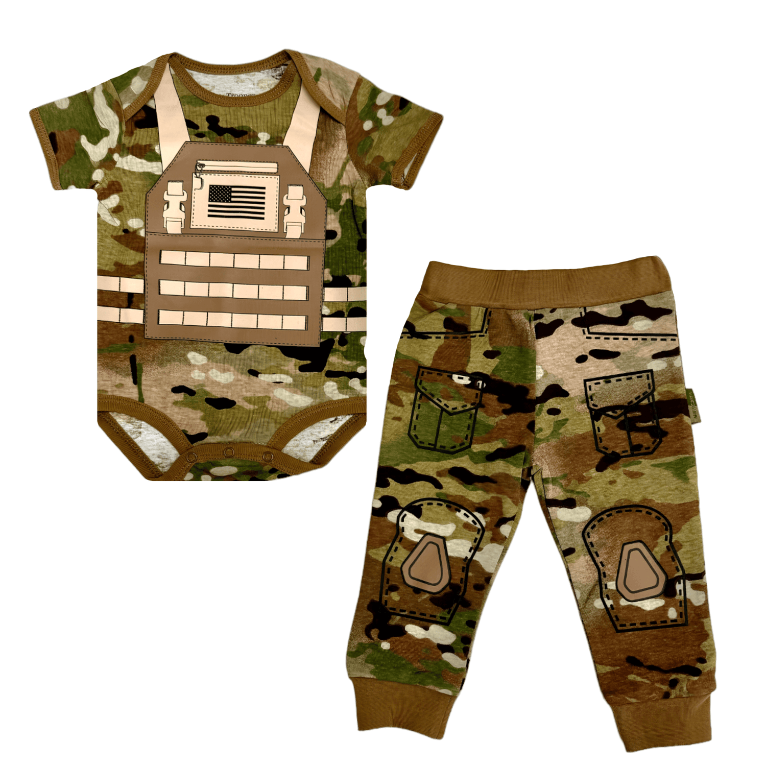 Multicam baby bodysuit and pants set featuring military design and camo pattern.
