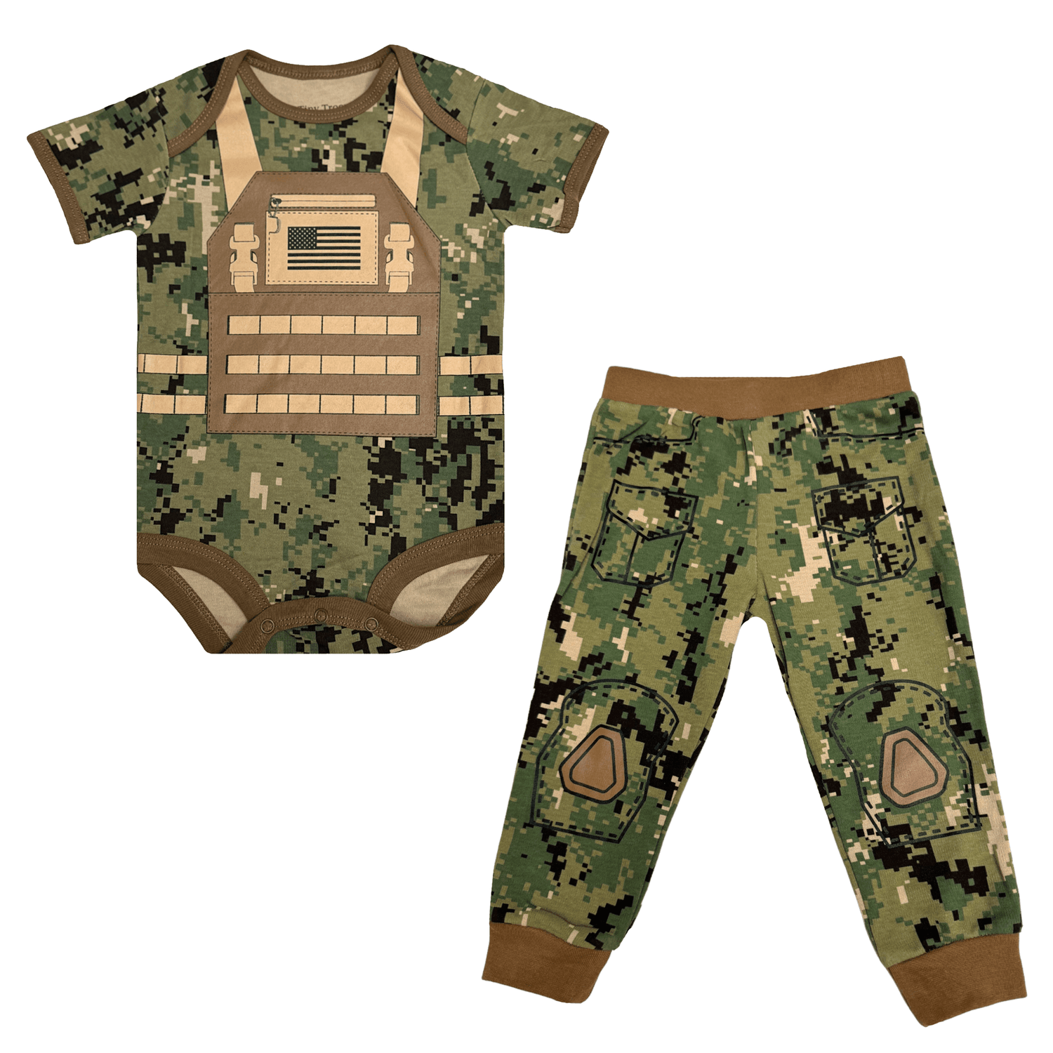 Baby camo uniform set including bodysuit and pants for baby in military style.