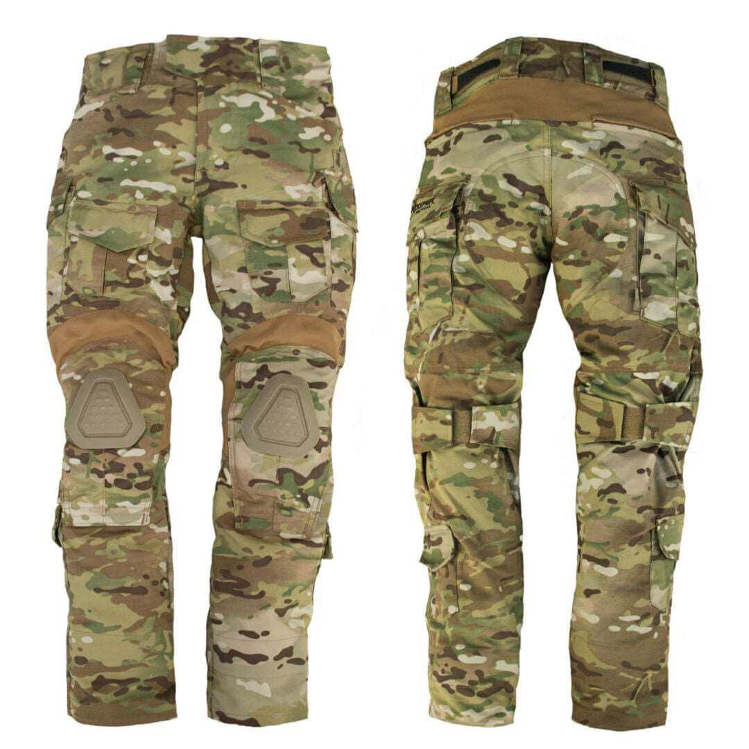 Multicam tactical pants showing front and back view with multiple pockets and knee pads