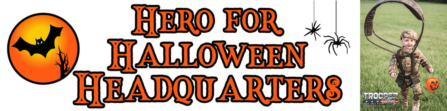 Hero for Halloween Headquarters banner with a bat and child in costume.