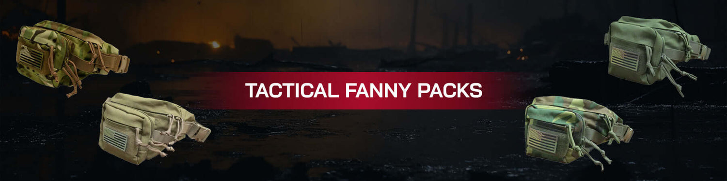 Packs of tactical fanny packs displayed in various styles and colors against a dramatic background.