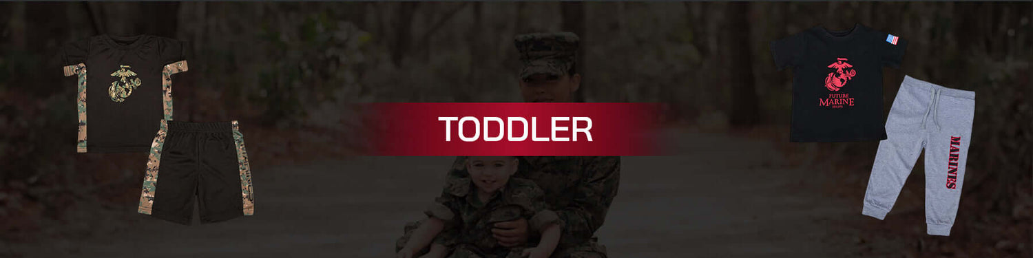 Toddler Collection showcasing stylish outfits for toddlers, featuring t-shirts and pants in a playful setting.