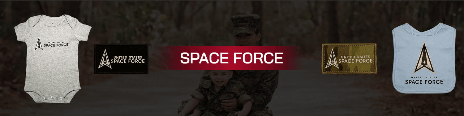 Youth Space Force collection featuring infant bodysuits and accessories proudly licensed.