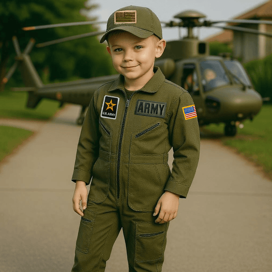 Young boy in an Army flight suit and cap smiling outdoors near a helicopter.