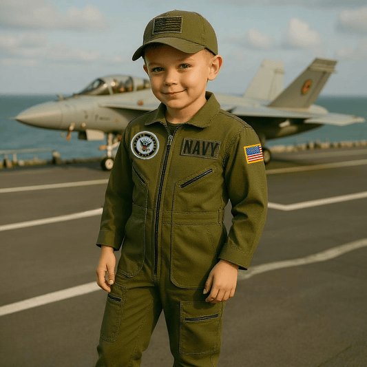 Youth in a Navy flight suit with embroidered patches, standing on a runway next to a fighter jet.