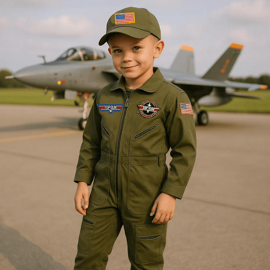 Top Gun Youth Flight Suit Combo on a child in front of a military aircraft, featuring embroidered patches and cap.