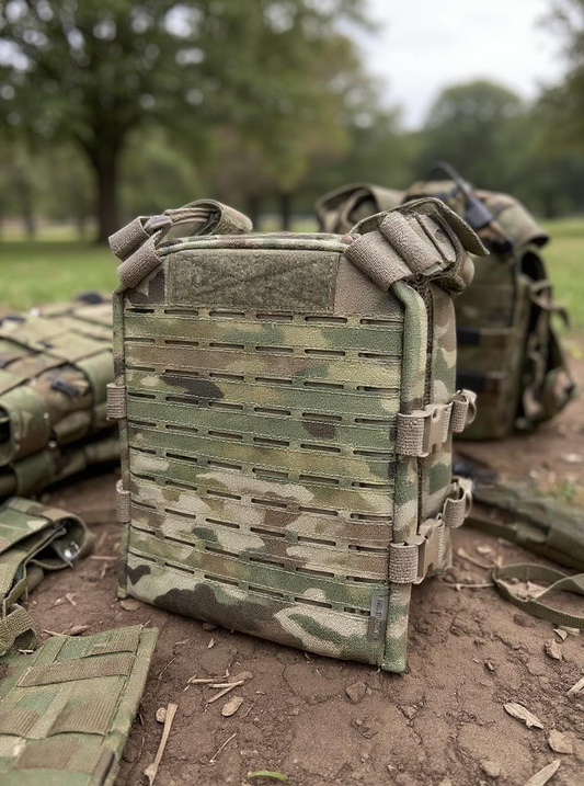 Multicam Youth Slick Plate Carrier shown in outdoor setting with laser-cut Molle grid and adjustable straps.