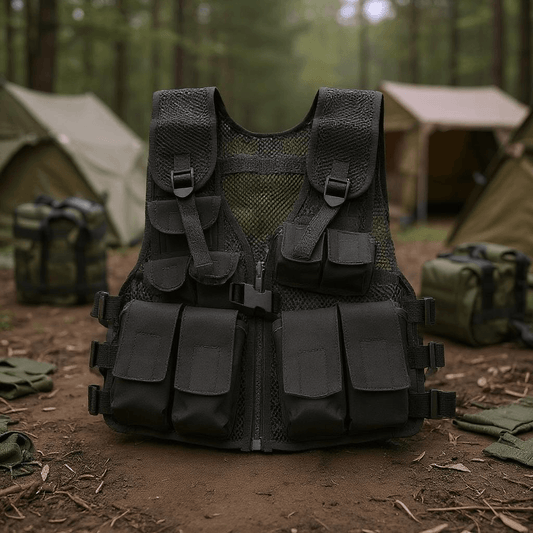 Youth Tactical Vest Black with mesh body and multiple pockets for gear organization