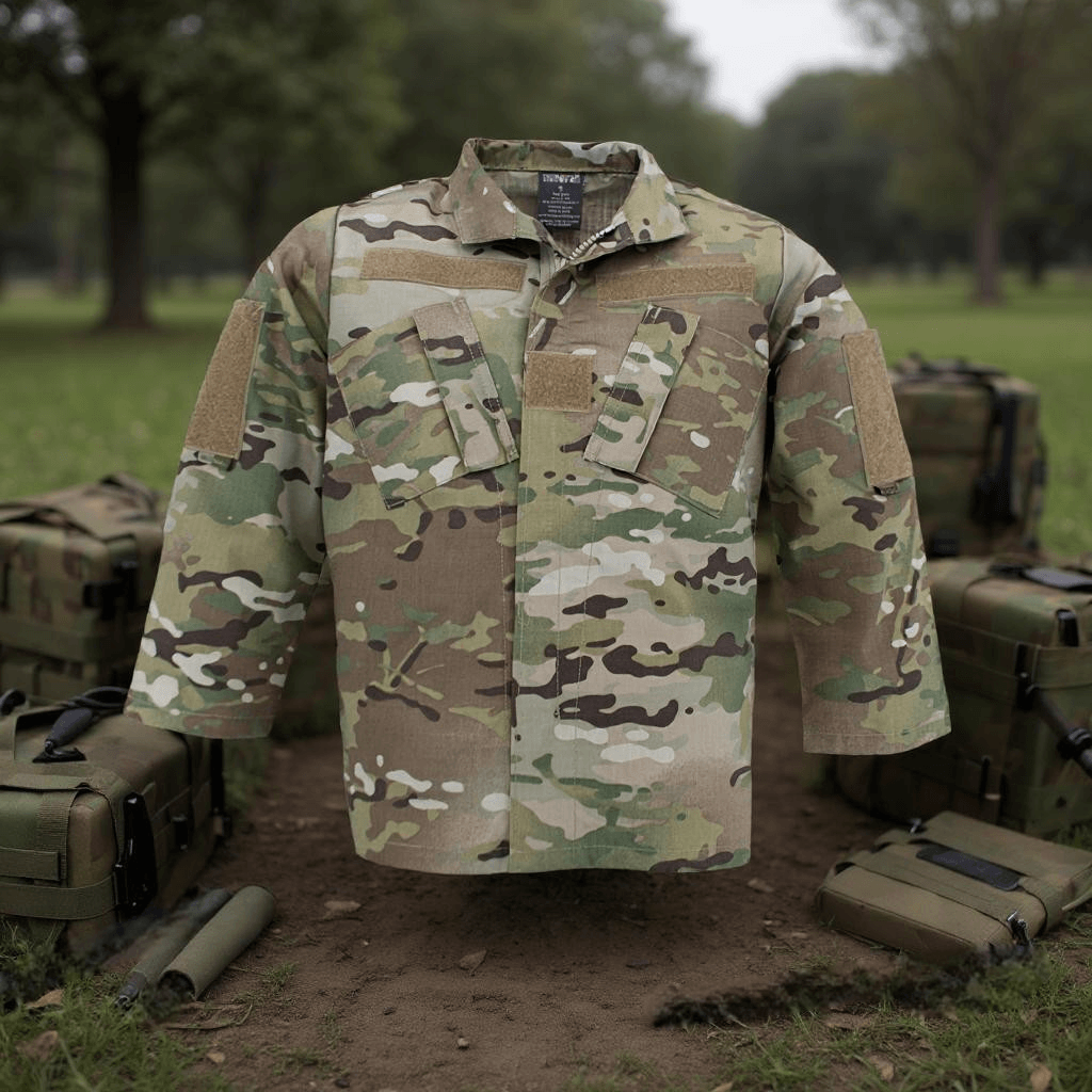 Camouflage military jacket on a grassy field with equipment in the background
