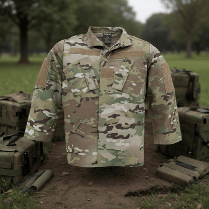 Camouflage military jacket on a grassy field with equipment in the background