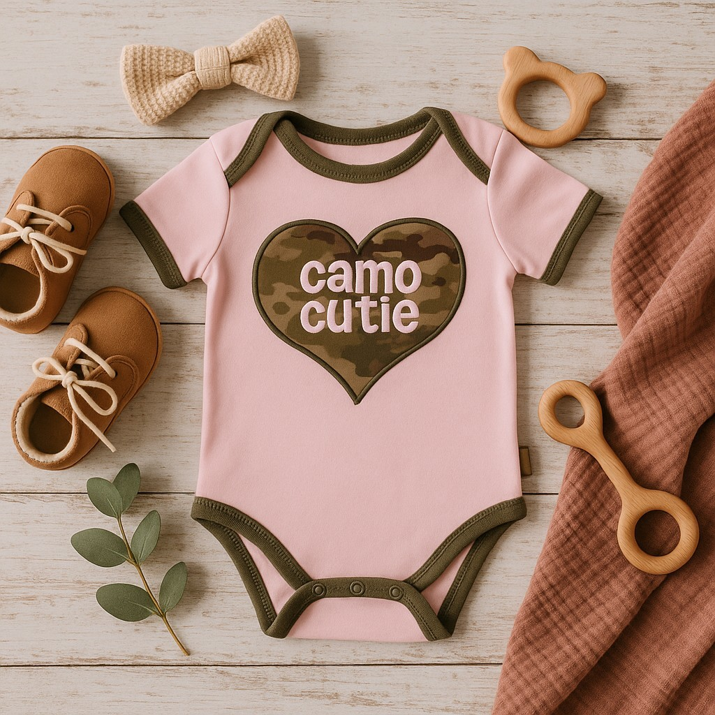 Baby Multicam Camo Cutie Bodysuit in camouflage print, adorable design for infant, green and brown tones.