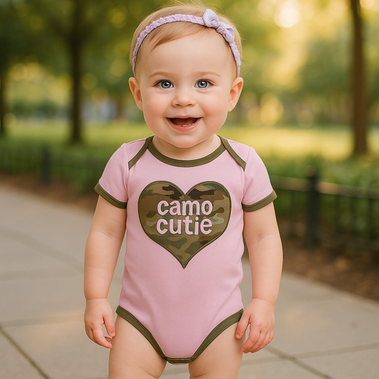 Baby Multicam Camo Cutie Bodysuit in various green and brown camouflage pattern, perfect for little outdoor enthusiasts.
