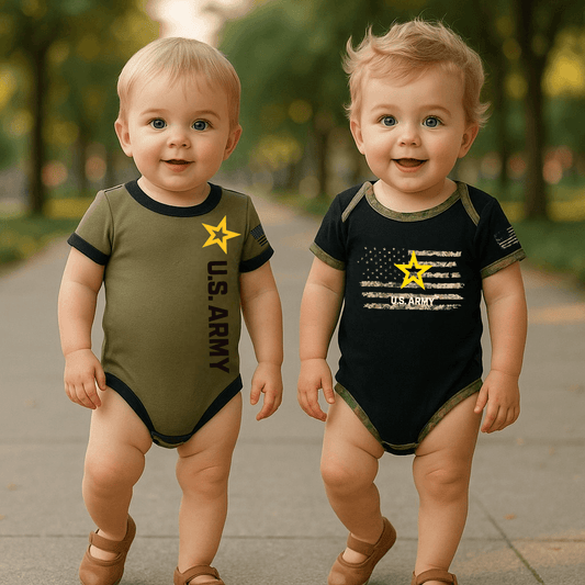 Two babies wearing Army bodysuits, one in OD Green with U.S. Army and the other in black with American flag design.