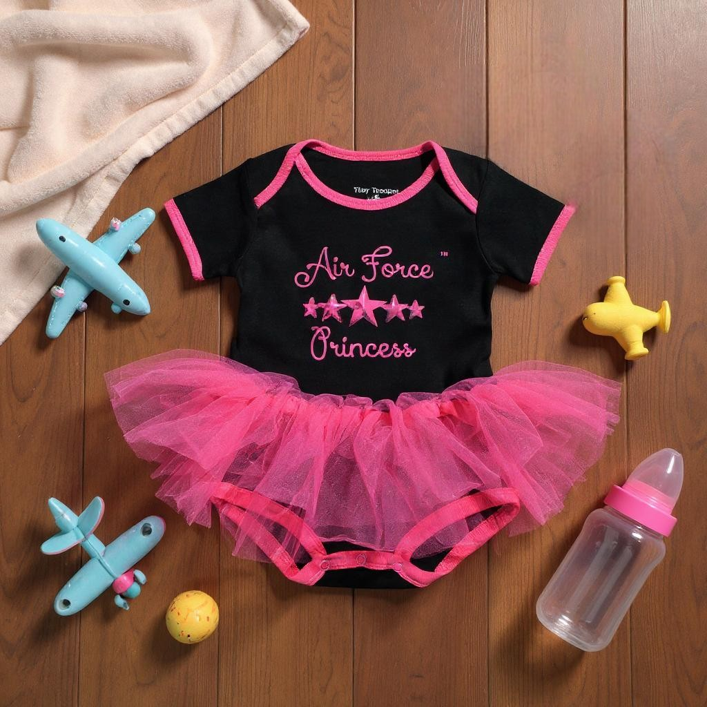 Air Force Princess Tutu Bodysuit for girls, white and pink bodysuit with tutu skirt details, cute princess costume for kids.