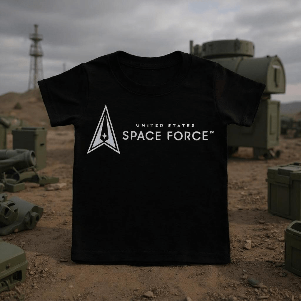 Toddler Licensed Space Force T-Shirt featuring the Delta Space Force logo on a black background.