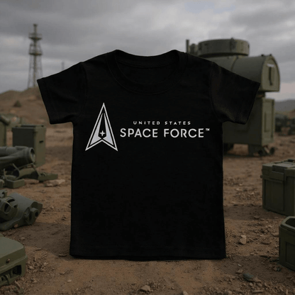 Toddler Licensed Space Force T-Shirt featuring the Delta Space Force logo on a black background.
