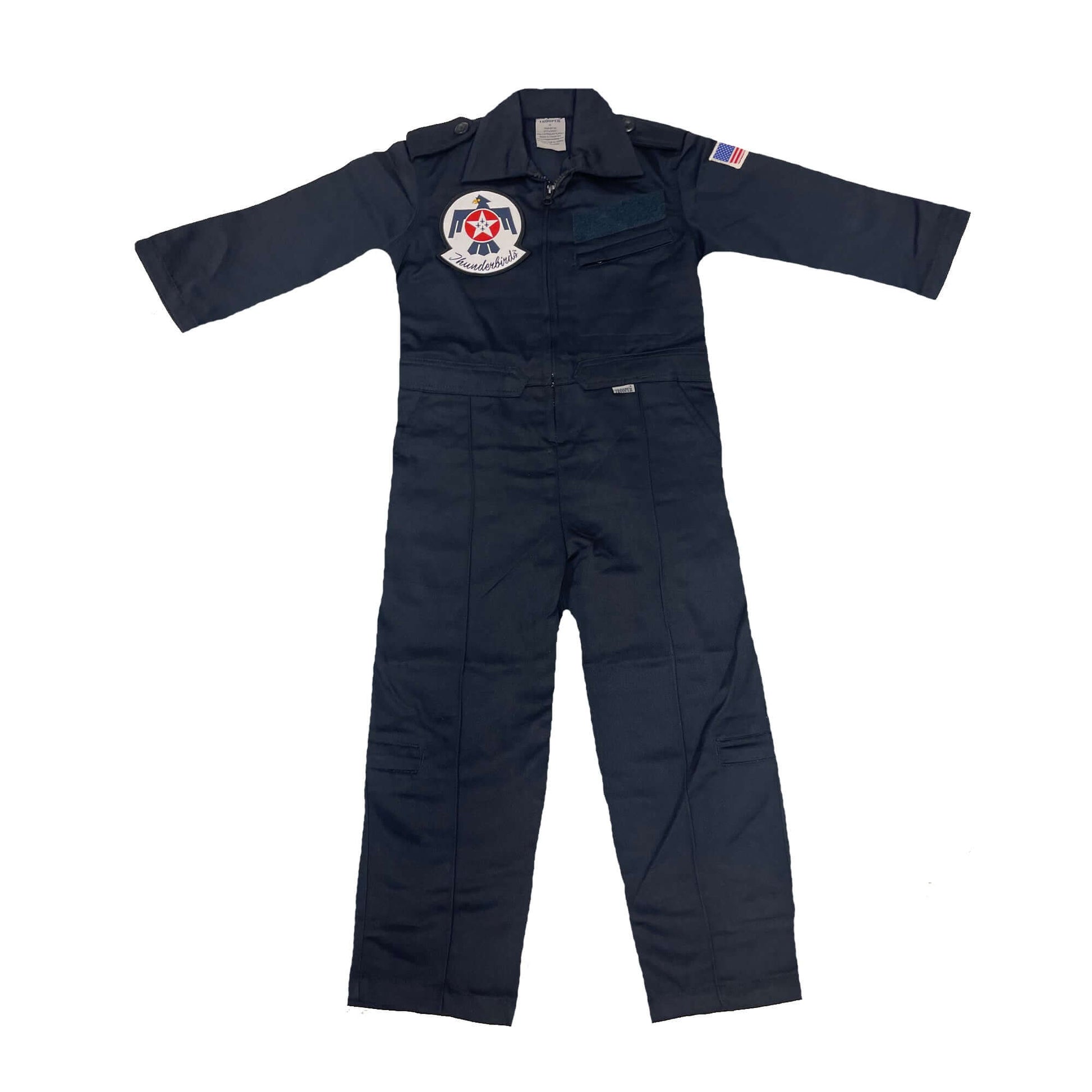 Licensed Youth Air Force Thunderbirds flight suit with embroidered patches and multiple pockets.