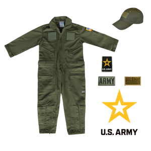 U.S. Army Youth Flight Suit Combo with cap, patches, and rank insignia for aspiring pilots.