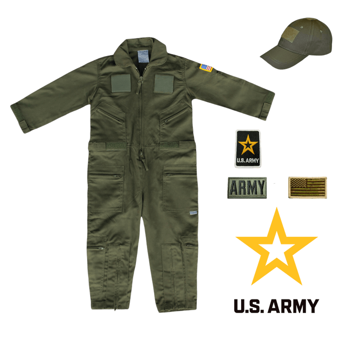 U.S. Army Youth Flight Suit Combo with cap, patches, and rank insignia for aspiring pilots.