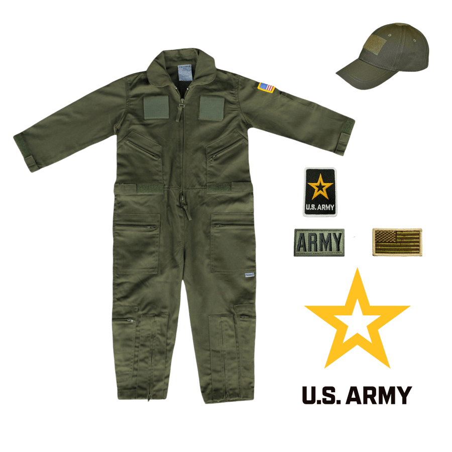 U.S. Army Youth Flight Suit Combo with cap, patches, and rank insignia for aspiring pilots.