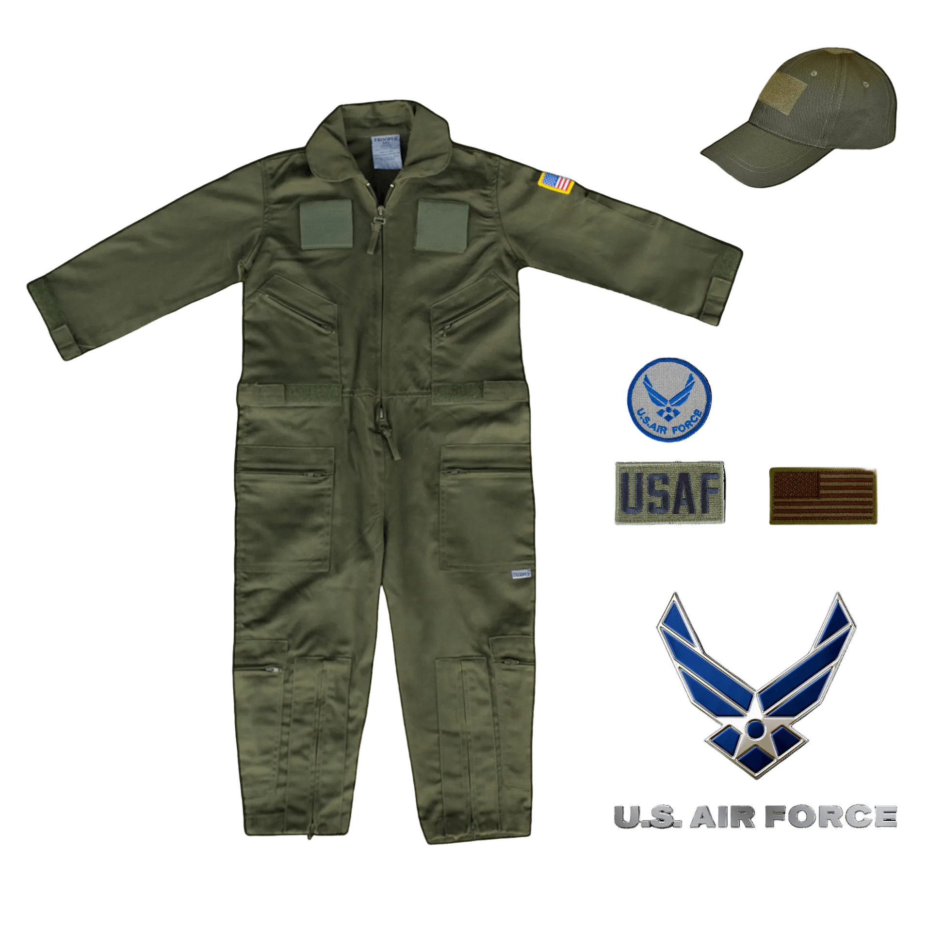 Youth Air Force flight suit combo in OD green, featuring patches and a matching cap for aspiring pilots.