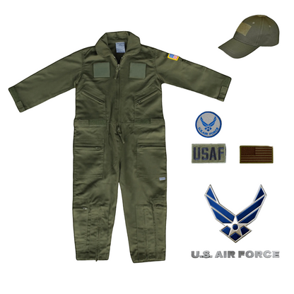 Youth Air Force flight suit combo in OD green, featuring patches and a matching cap for aspiring pilots.
