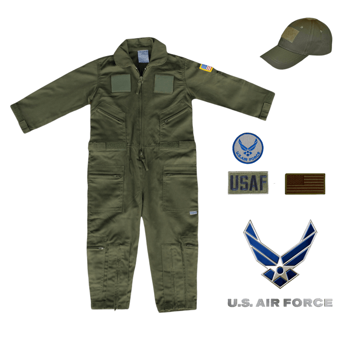 Youth Air Force flight suit combo in OD green, featuring patches and a matching cap for aspiring pilots.