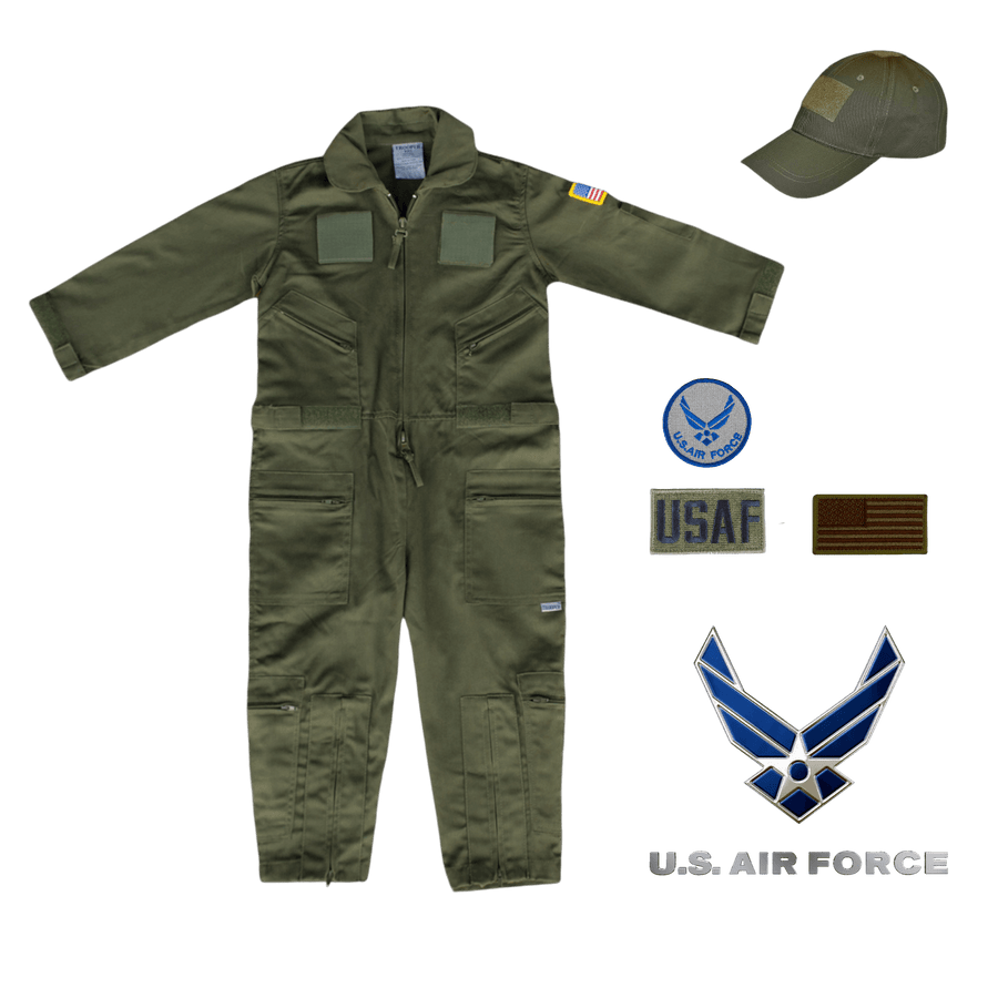 Youth Air Force flight suit combo in OD green, featuring patches and a matching cap for aspiring pilots.