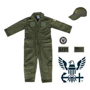 Youth U.S. Navy Flight Suit Combo with cap, patches, and embroidered flag for aspiring pilots.