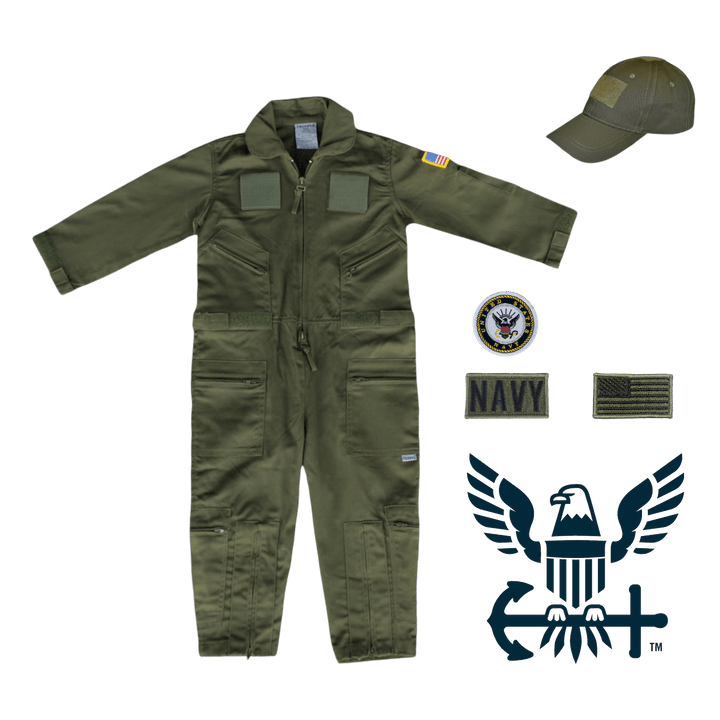 Youth U.S. Navy Flight Suit Combo with cap, patches, and embroidered flag for aspiring pilots.