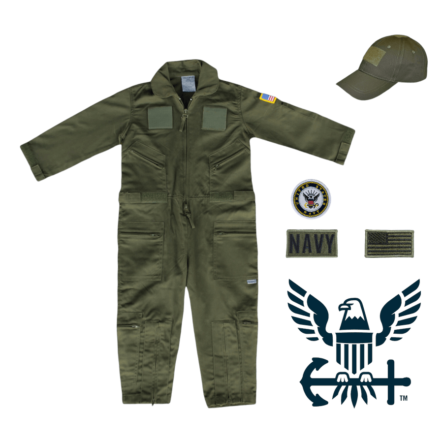 Youth U.S. Navy Flight Suit Combo with cap, patches, and embroidered flag for aspiring pilots.