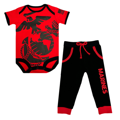 Marine EGA Baby Jogger Set featuring a red onesie with logo and matching black pants with 'MARINES' print.