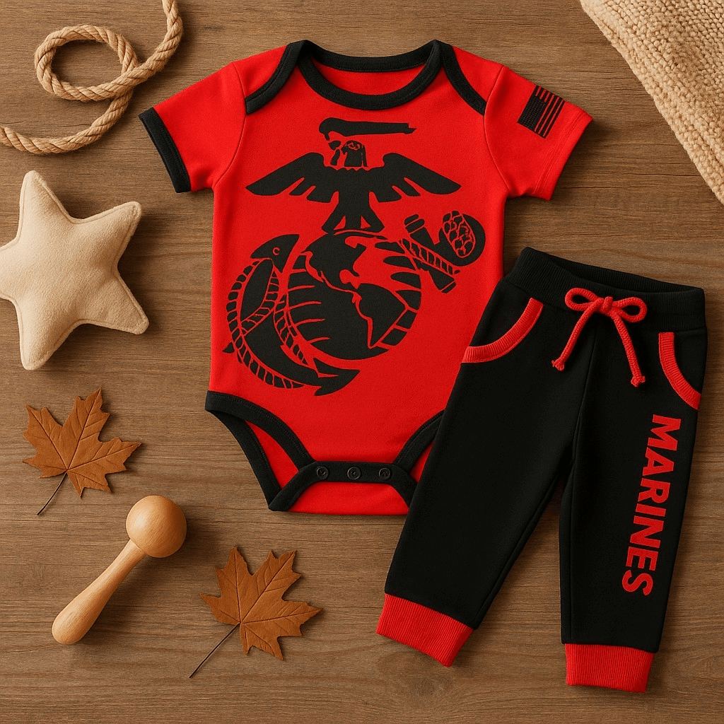 Marine EGA Baby Jogger Set featuring oversized logo and 'MARINES' print on pants, perfect for infants.