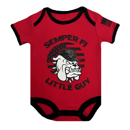 Marines Semper Fi Little Guy Baby Bodysuit with bulldog graphic and American flag, perfect for baby Marine fans.