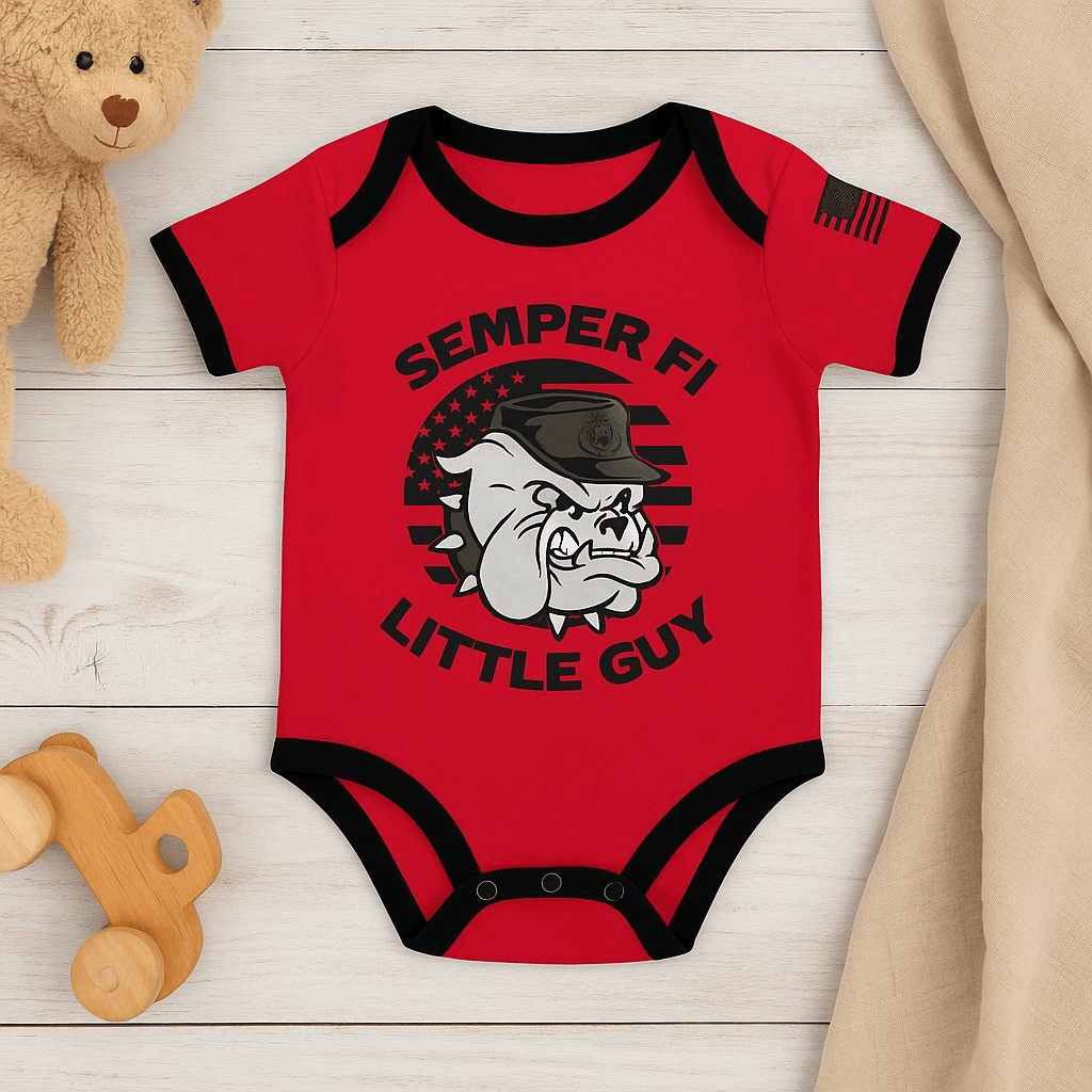 Marines Semper Fi Little Guy Baby Bodysuit featuring a Marine bulldog and American flag design.