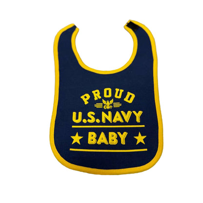 Proud U.S. Navy baby bib in navy blue with yellow trim, perfect for showing Navy pride and catching spills.