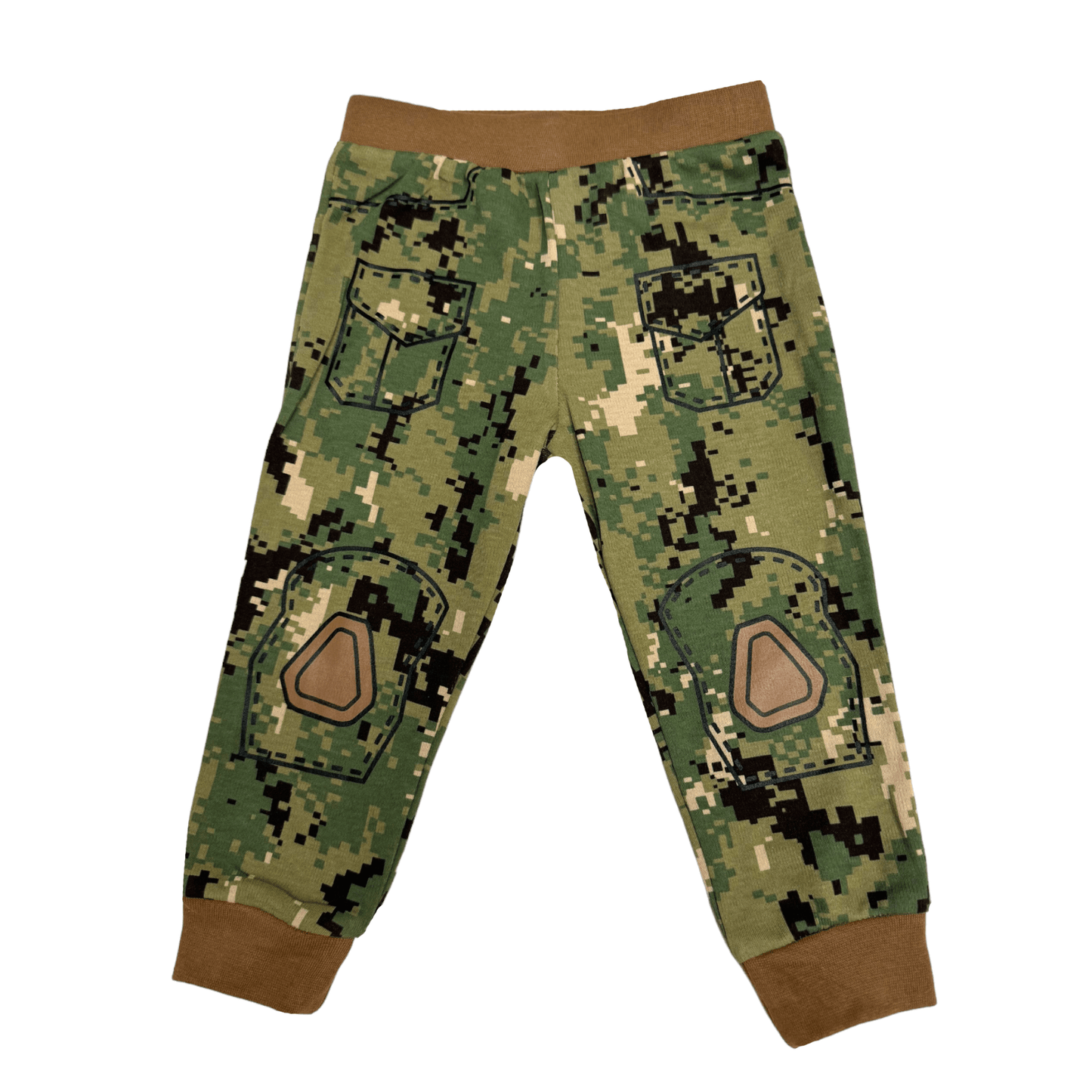 Navy NWU baby combat pants featuring screen-printed pockets and knee pads for military style comfort.