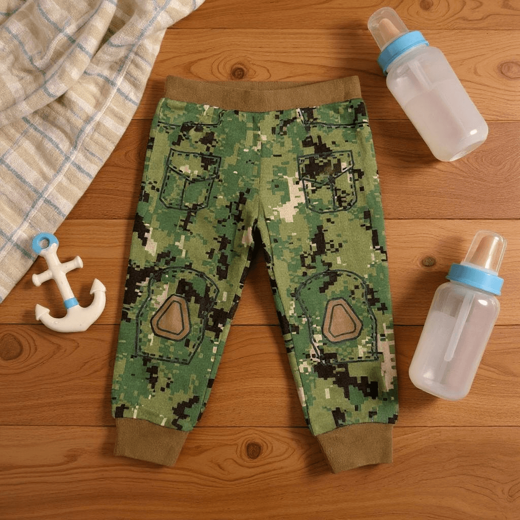 Navy NWU Baby Combat Pants by Trooper Clothing featuring pockets and knee pads on wooden background.
