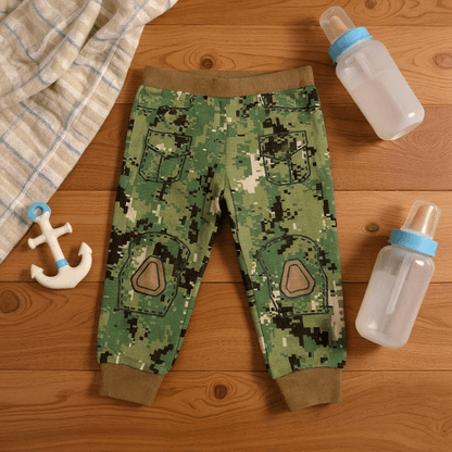 Navy NWU Baby Combat Pants by Trooper Clothing featuring pockets and knee pads on wooden background.