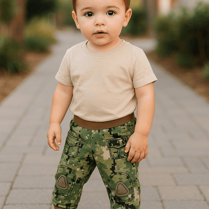 Navy NWU baby combat pants by Trooper Clothing, featuring elasticized waist and pockets, on toddler outdoors.